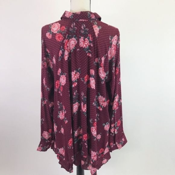 Umgee Womens Wine Floral High Low Hem Button Up Long Sleeve Tunic Blouse Size S - Picture 6 of 8
